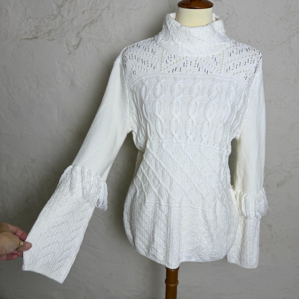 WHBM Chunky Cable Knit Funnel Neck Sweater M Cream Pearl Fringe Bell Sleeve Boho
